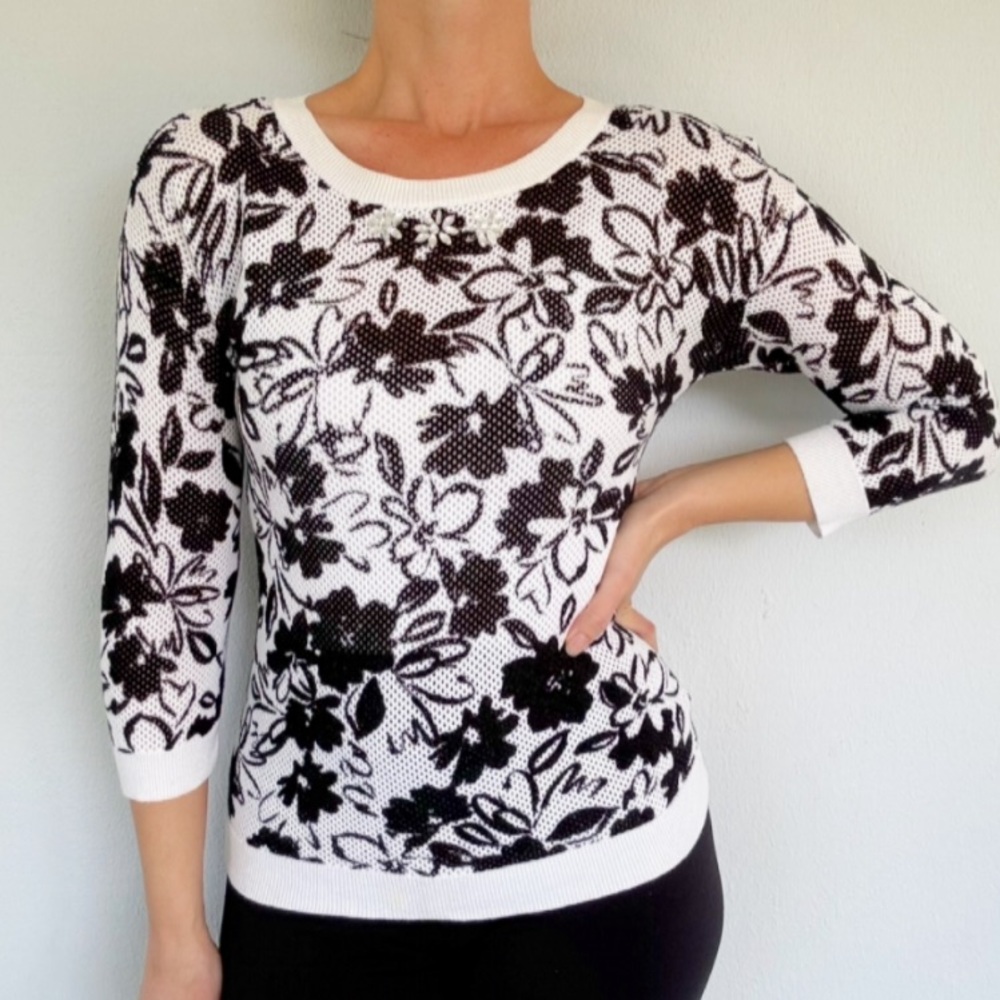 Hearts of Palm Petite black white floral mesh 3/4 sleeve cotton top size medium
